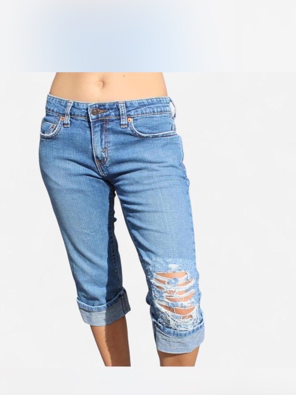Levi 515 Capri Uniquely Distressed Mid Rise Roll Up Jeans